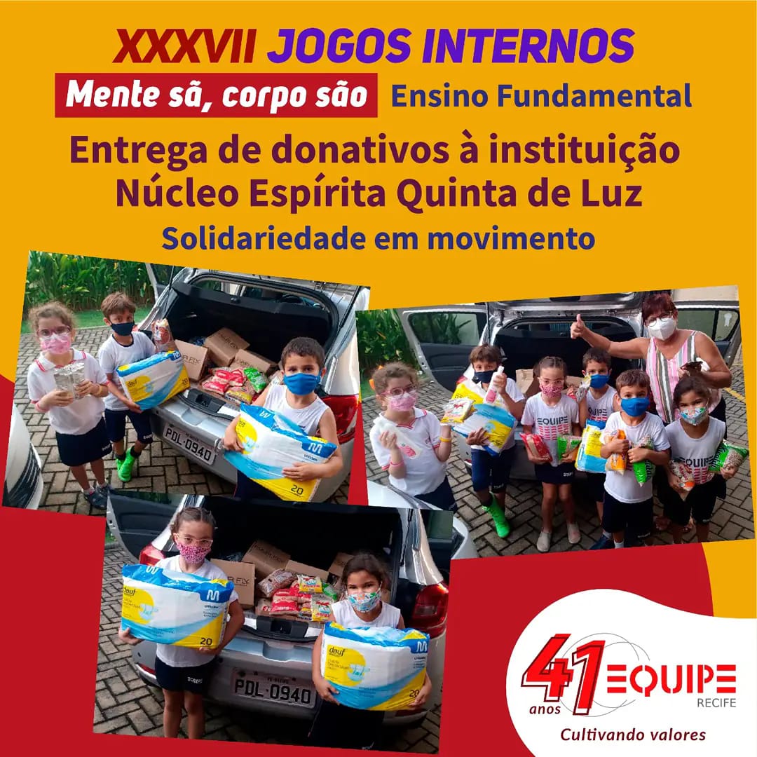 Jogos Internos Um grupo de alunos do 1º ano do Ensino Fundamental reuniu os donativos e fez a entrega à instituição Núcleo Espírita Quinta de Luz. É a solidariedade marcando muitos pontos!