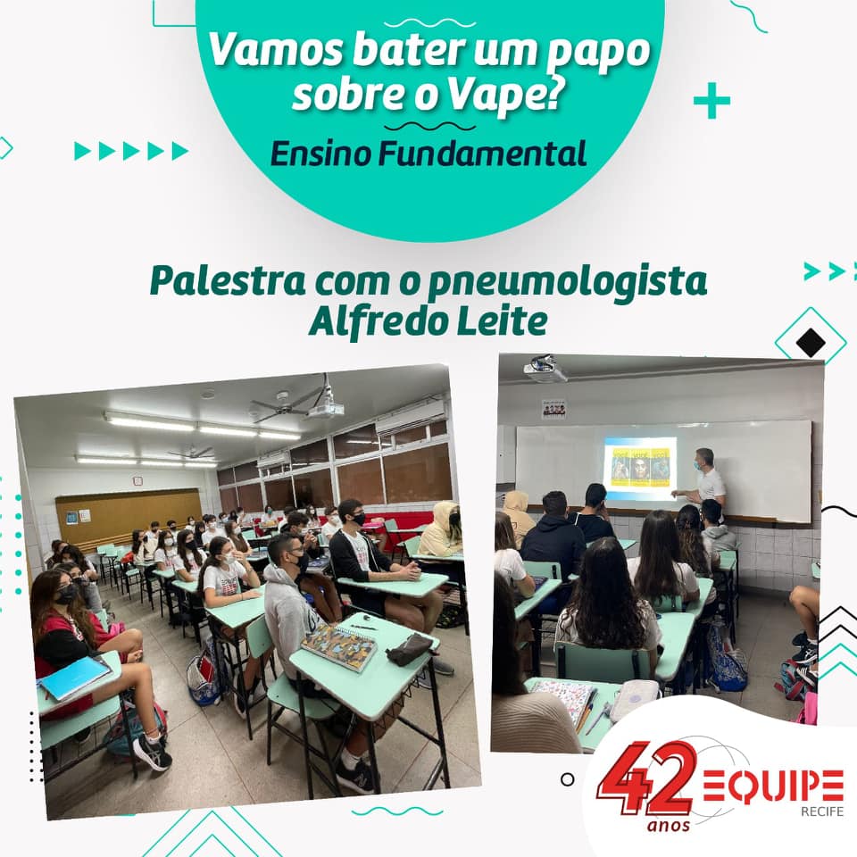 Os alunos do 9º ano (Ensino Fundamental Anos Finais) receberam o pneumologista Alfredo Leite para falar sobre o cigarro eletrônico, mais conhecido como Vape.
