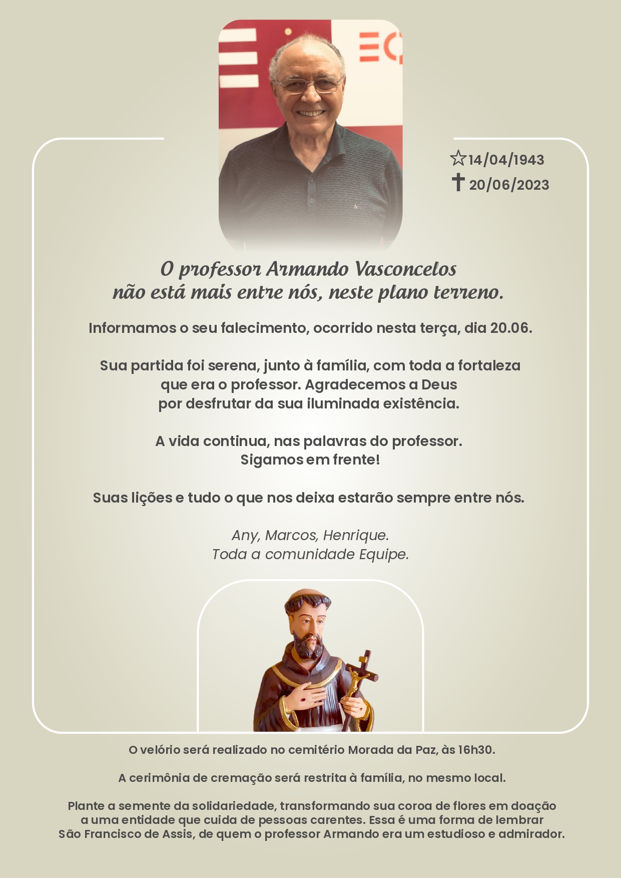Nota de Falecimento: Prof. Armando Reis Vasconcelos